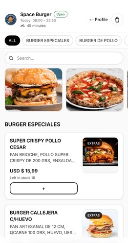 Tienda móvil de Space Burger con categorías, productos y precios